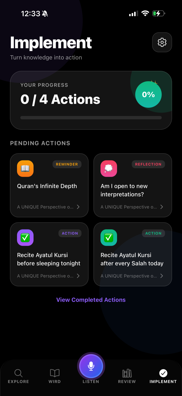 Bayan Implement screen tracking action item progress