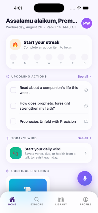 The Bayan home screen with a Jumu'ah streak and upcoming actions