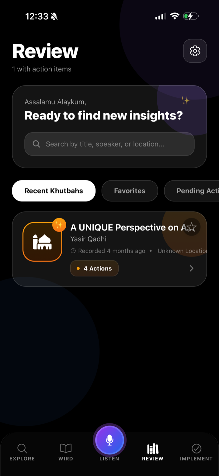 Bayan Review screen — searchable library of recorded khutbahs