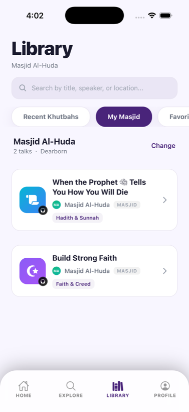 The Bayan Library with a My Masjids section listing a masjid's talks