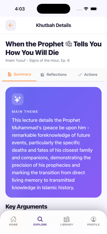 A khutbah summary showing the main theme and key arguments